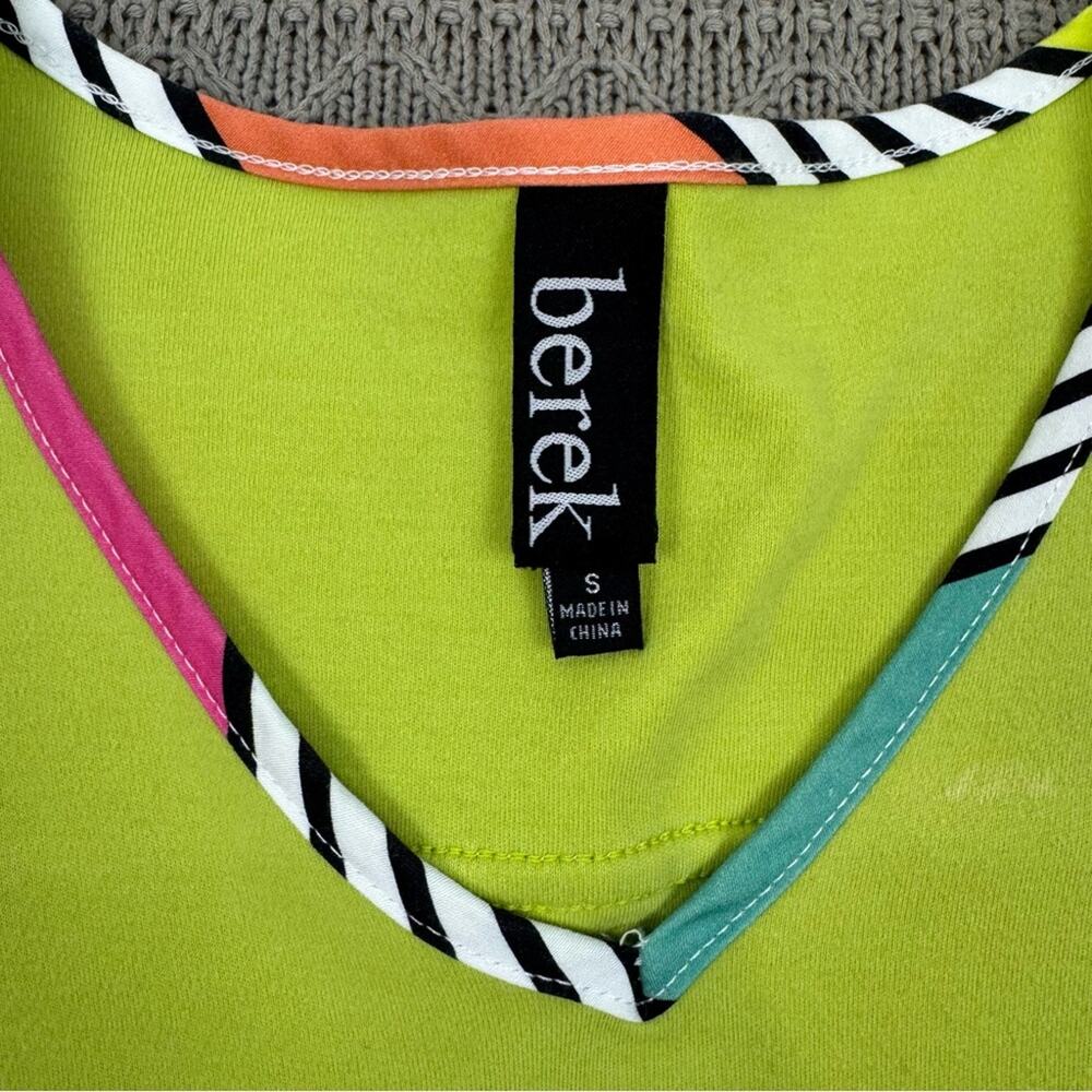 Berek Women’s Lime Green V-Neck Top with Colorful Stripes & Bell Sleeves ~ Smal - Picture 5 of 9